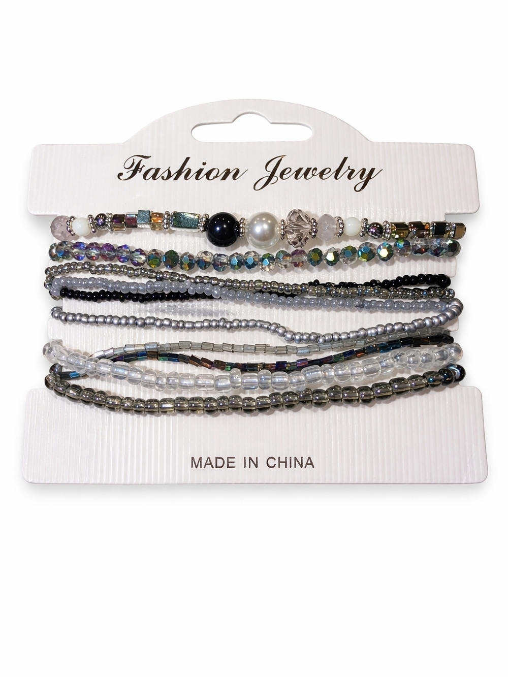 Stackable Beaded Bracelet- Set Of 10! - Iridescent Gray And Silver
